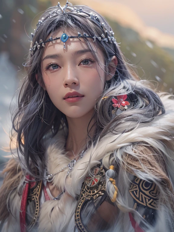 Hiding in the snowy mountains、Hair flow、 ((highest quality、masterpiece、8k、Best image quality、Ultra-high resolution、Award-winning works)、(Accurate anatomy:1.1)、(Look at me and smile:1.1)、Shining fair skin with Ultra-high resolution、The most detailed face、Ultra-high resolution detailed face、Ultra-high resolutionの髪の毛、(Ultra-high resolutionの煌めく瞳:1.1)、Beautiful face drawn in every detail、(Blurred Background:1.1)、Ancient Inuit clothing, Chest to chest, tattoo, Old ruins in the background、He&#39;s huge, A real hawk on your shoulder.. 