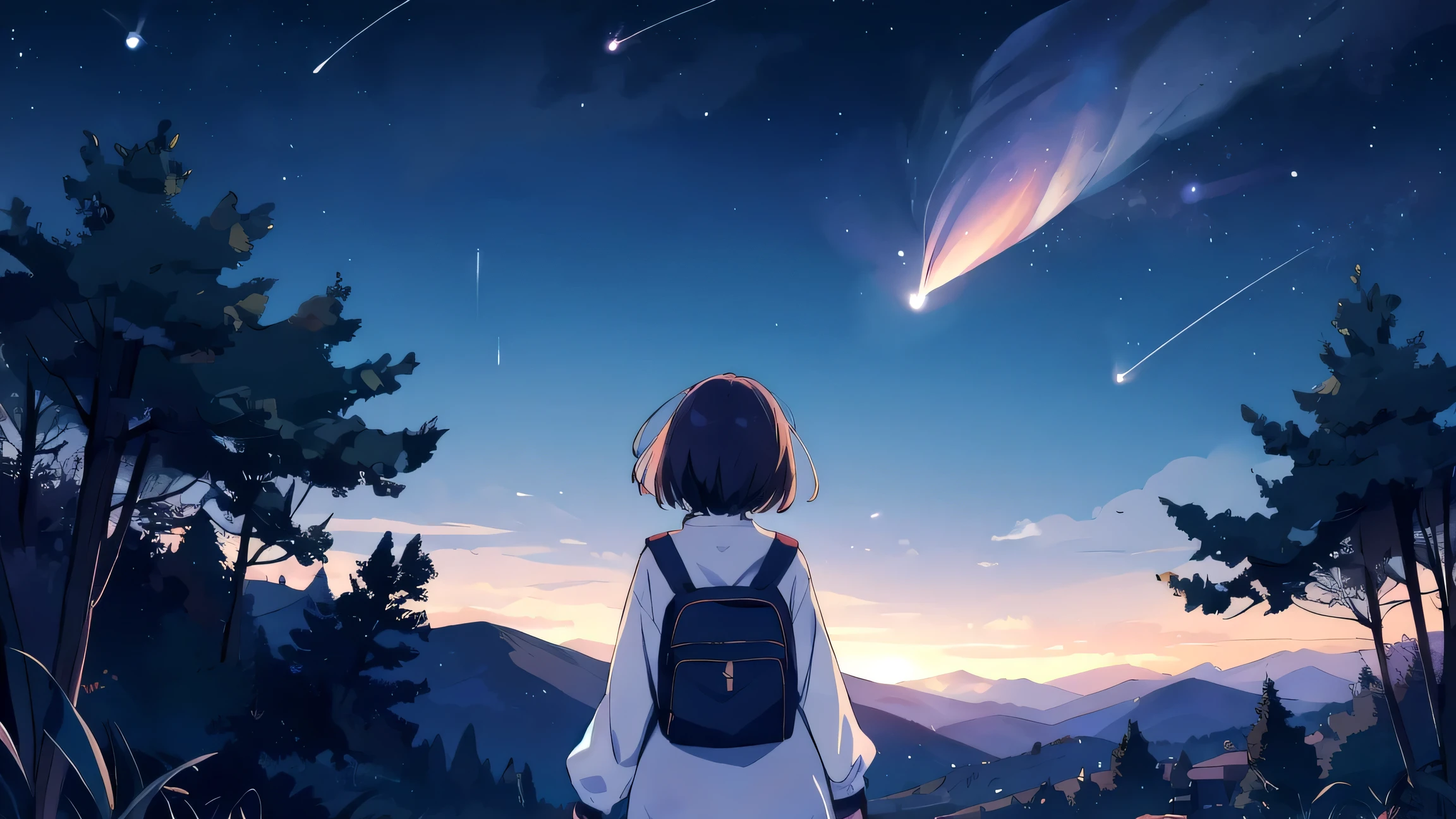 Comet Trail、With the theme、Back view of a girl looking up at the night sky