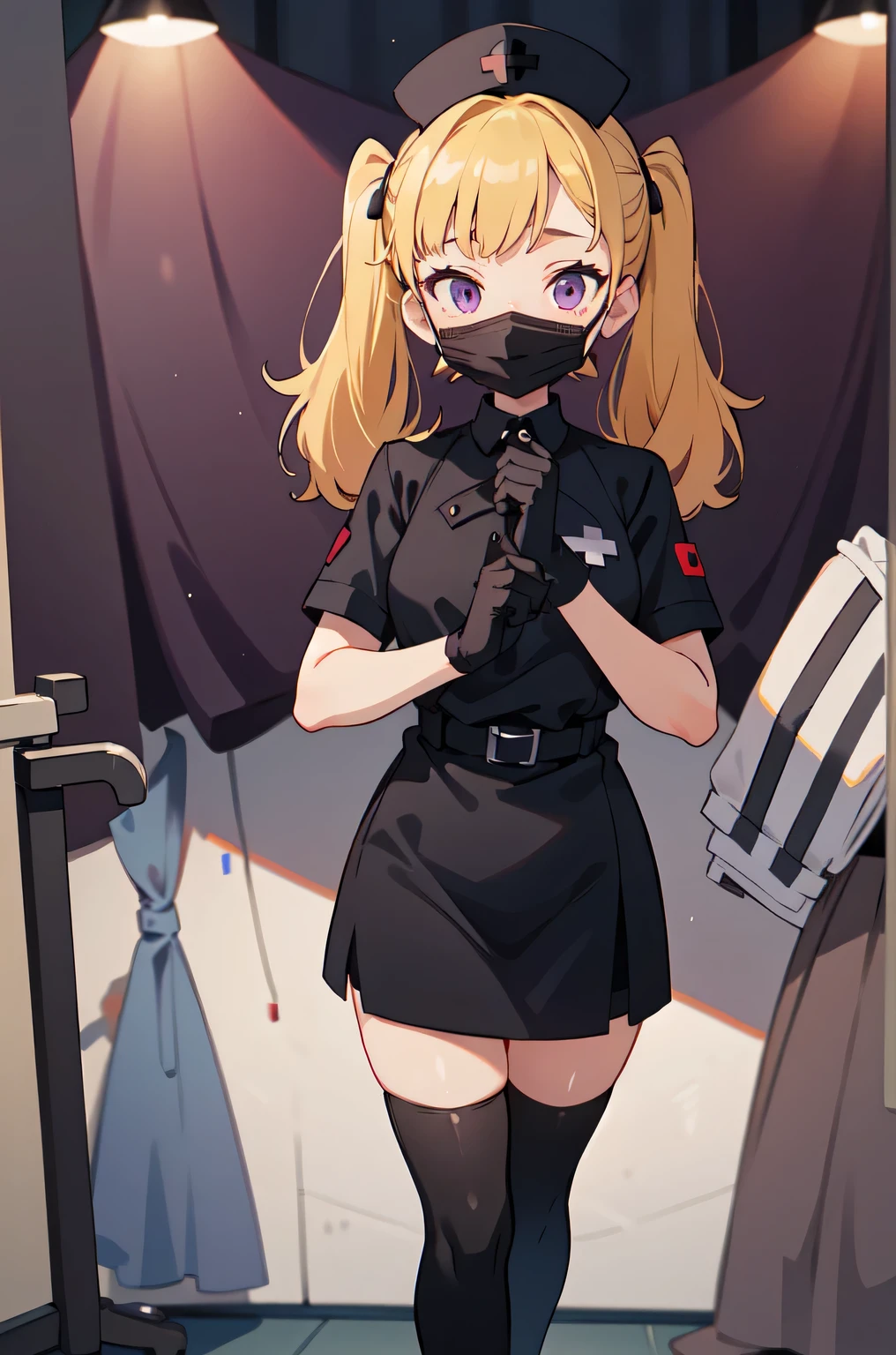 black nurse, 1girl, solo, black nurse cap, black nurse uniform, ((black legwear, zettai ryouiki)), black elbow gloves, twintails, yellow hair, purple eyes, ((black surgical mask, covered nose)), standing, ((surgery room)), sharp outline, short sleeves, best quality, masterpiece