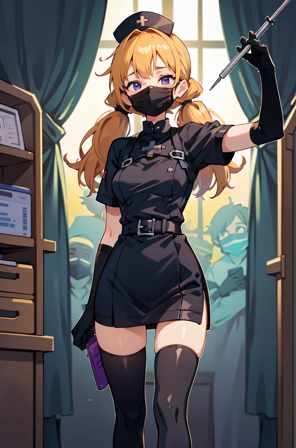 black nurse, 1girl, solo, black nurse cap, black nurse uniform, ((black legwear, zettai ryouiki)), black elbow gloves, twintails, yellow hair, purple eyes, ((black surgical mask, covered nose)), standing, ((surgery room)), sharp outline, short sleeves, best quality, masterpiece