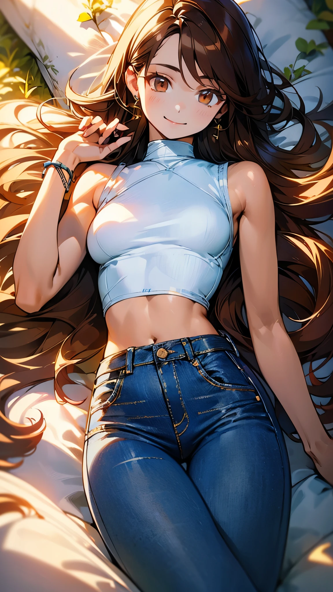 (highest quality, 4k, High resolution, masterpiece:1.2), Super detailed, (anime style, photorealistic:1.37), cinematic light, Bright colors and mesmerizing effects, Soft and delicate lighting, gentle shine, Beautiful and gentle atmosphere throughout the scene, (1girl:1.5), joven, (Cara finamente detallada:1.4, Ropa detallada), (Detallado:1.4) named (Eimi Fukada:1.1) BREAK Cara hermosa, Profundidad de campo, Agregar capa, 27 years old, Modelo de cuerpo perfecto, senos perfectos, 175cm de altura, pose sexy, full body, cuerpo completo, Tipo de cuerpo del modelo, BREAK (tight white crop top:1.5), (denim blue pants:1.3), (Cabello largo:1.3), (brunette:1.1), dark brown hair, doble parpado, (reddish brown eyes:1.5) BREAK blush, long hair, nijistyle, smile, perfect hands, garden, (looking at the viewer), from above