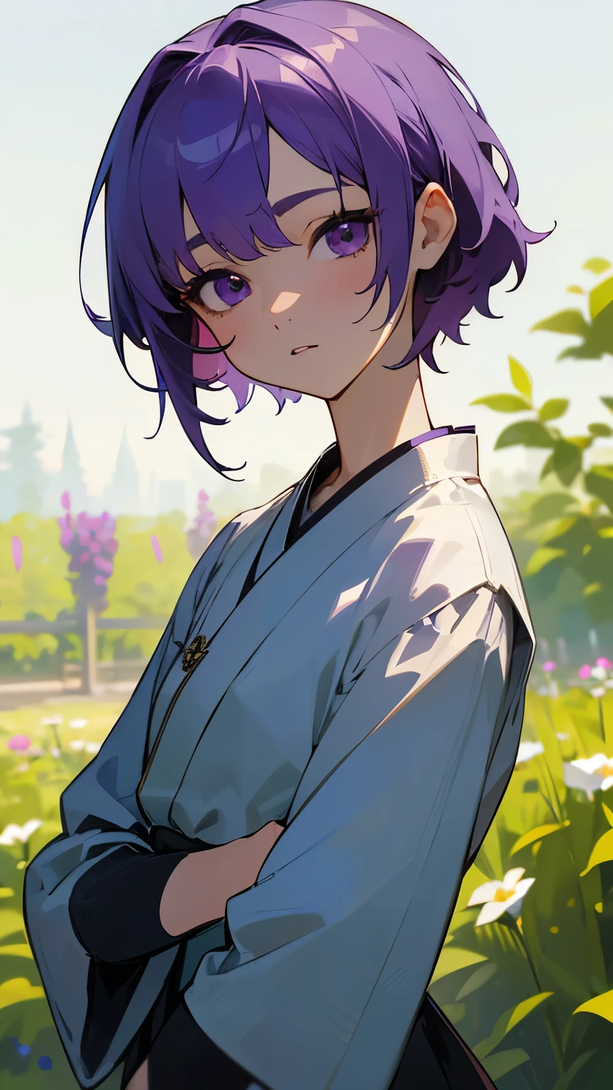 UHD, masterpiece, textured skin, super detail, high details, high quality, award winning, (equal perfect eyes), best quality, HD, upper body shot, perfect eyes, (1Gir, short, tiny, cute, Beautiful, (short purple hair), purple eyes, wearing one yukata, (looking at POV)), (In a garden)