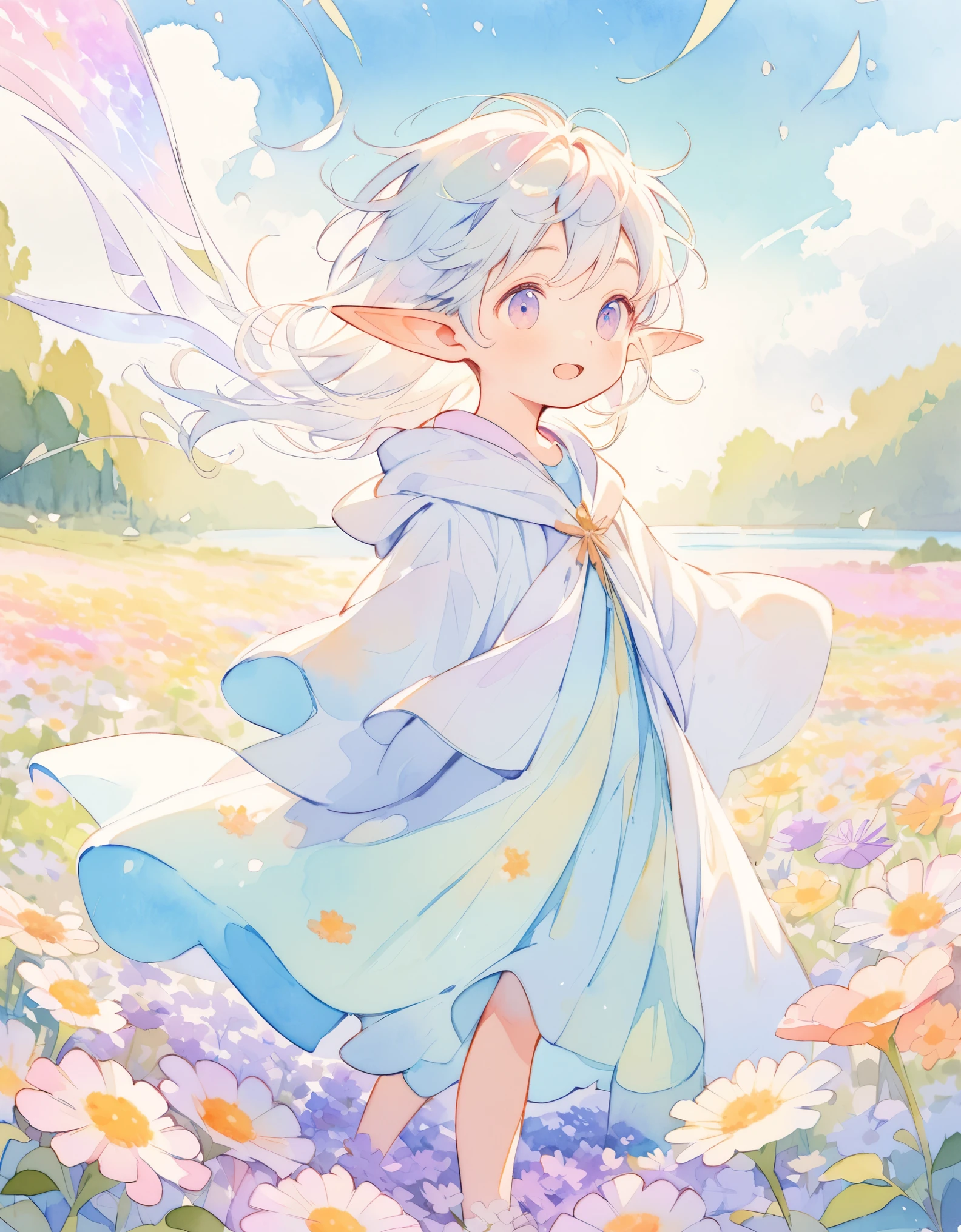 Elf Boy, Pointy Ears, Magic Robe, Expressions of joy, Magic Wind, natural environment, ((Flower Field, pastel colour)), Lakeside, Watercolor. Whimsical and delicate style, Illustrations for children, Children's book illustrations, masterpiece:1.2,