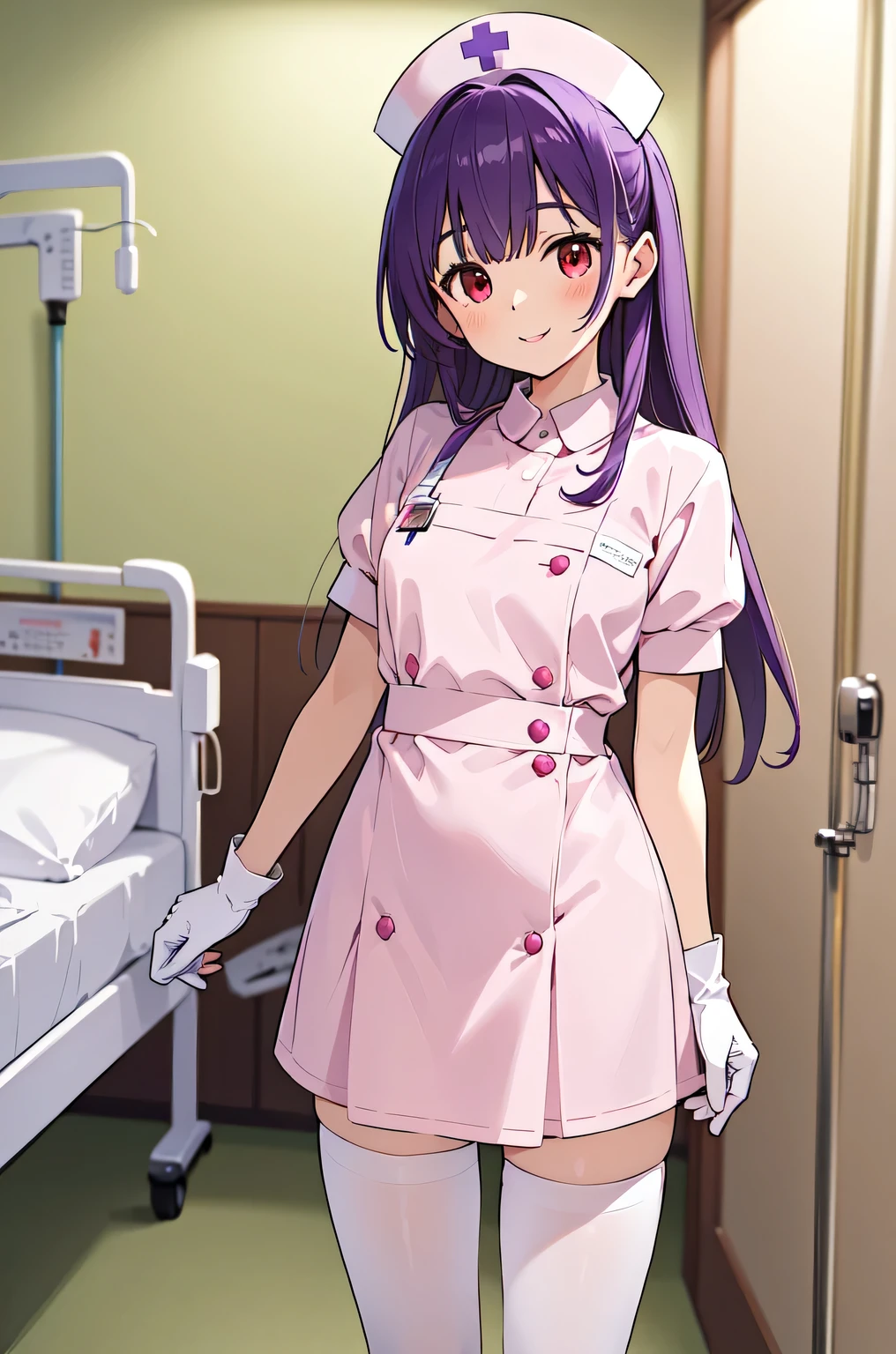 1woman, solo, nurse, white nurse cap, white nurse uniform, ((white legwear, zettai ryouiki)), white gloves, long hair, purple hair, red eyes, pink lips, smile, standing, ((hospital room)), sharp outline, short sleeves, mature female, 35 years old, best quality, masterpiece