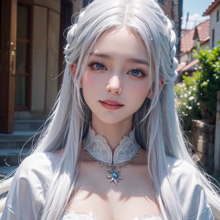 Dark atmosphere,Old European town in the background、White Wolf、 ((highest quality、masterpiece、8k、Best image quality、Ultra-high resolution、Award-winning works)、(Accurate anatomy:1.1)、(Look at me and smile:1.1)、Shining fair skin with Ultra-high resolution、The most detailed face、Ultra-high resolution detailed face、Short, flowing white hair 、Beautiful face drawn in every detail、、Georgian traditional men's costume, Small breasts, A real wolf next to a girl