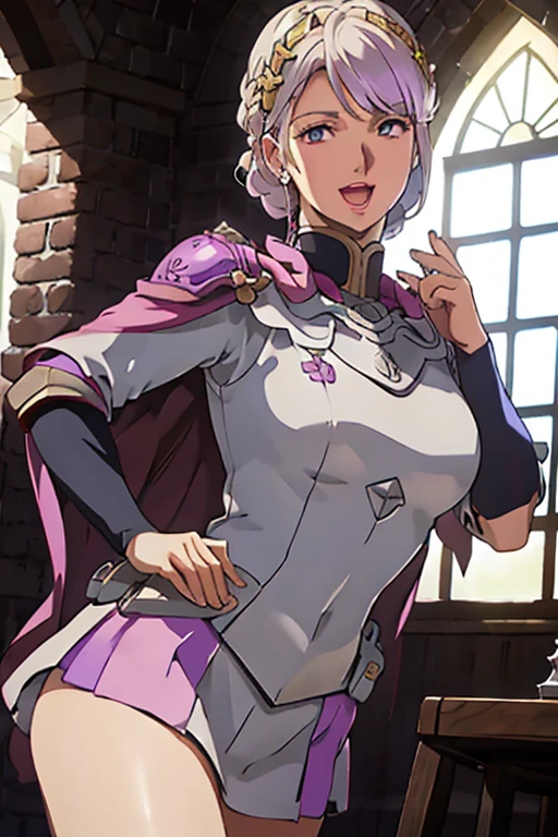 masterpiece, highest quality, Adult women,Very detailed,Rin々Nice face,Open Mouth Smile,White, pink, and purple adventurer uniform,Medieval Europe,Show your armpits,Black eyes,The dignity of a hero,,Small hair ornament,tattoo,Cape,Legs visible through the skirt,Natural Beauty,Cinematic,Large Breasts,Wearing armor,Decorative armor,