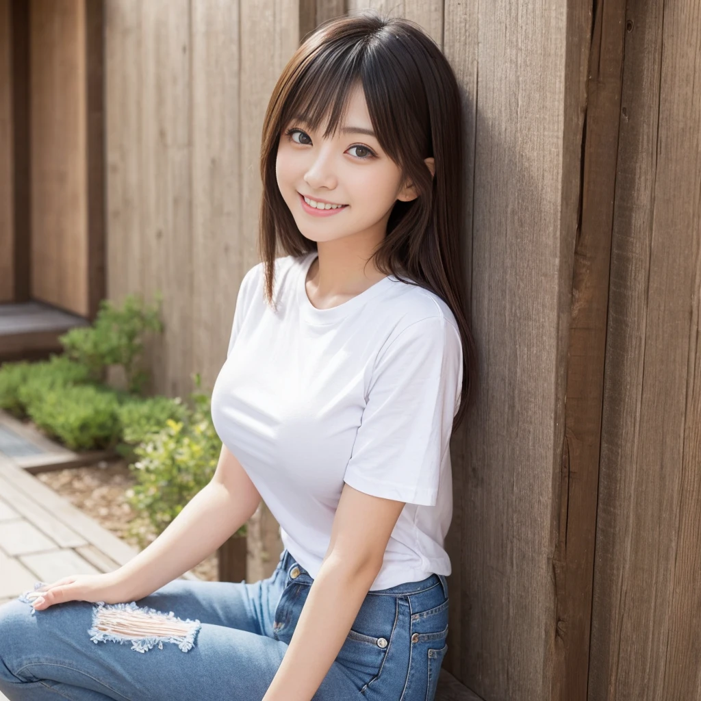 Japanese women、Big eyes, Round face, smile、Hairstyle medium short、Big Breasts、White T-shirt、Short jeans