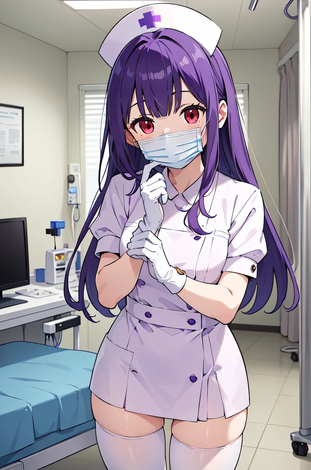 1woman, solo, nurse, white nurse cap, white nurse uniform, ((white legwear, zettai ryouiki)), white gloves, long hair, purple hair, red eyes, ((white surgical mask, covered nose)), standing, ((hospital room)), sharp outline, short sleeves, mature female, 35 years old, best quality, masterpiece