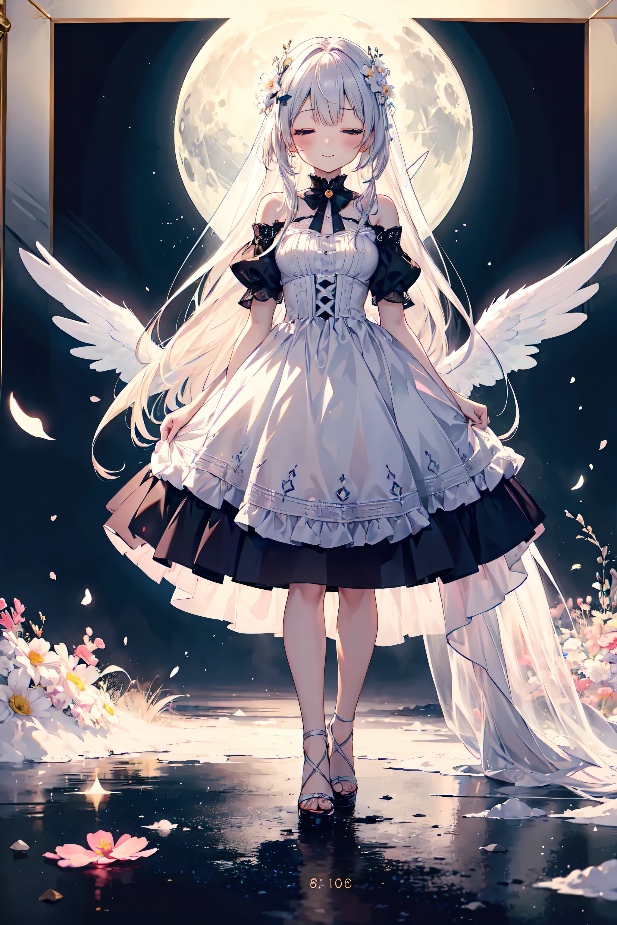 ((highest quality)), ((masterpiece)), (detailed), Perfect Face ,masterpiece, best quality, extremely detailed, anime, girl, silver hair, 8K, 4K,longhair,colorful,Wedding dress,small breast,perfect face, moe, kawaii,cute,dress,eye focus, spectacular view, full body, Angel's wing,smile,flower garden, (closed eyes), night, moon