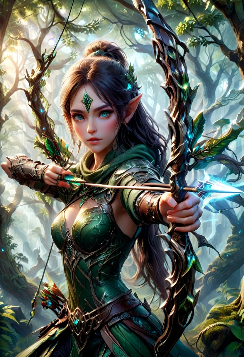 Elf, (long pointed ears:1.5), firing and arrow, bow (weapon), Aiming a Bow, A beautiful elven huntress crouching in a tree canopy, wearing a hunter's cowl, holding a intricate detailed enchanted elven bow, arrow made of light notched in the bow, forced perspective; stunning, breathtaking; Badass composition, epic style art, Kan Liu; Daniel Liang; Anne Stokes; Cynthia Sheppard; Ravina Cai