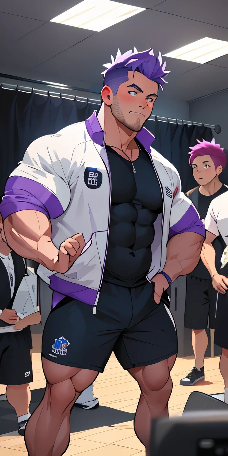 (masterpiece, best quality), 1boy, younge boy，Shyness blush，musculous, short blue-purple hair, Dark gray eyes, complex, (dress room), full bodyesbian, White baseball uniform, Open light purple jacket, Pectoralis abdominal muscles，vivd colour,(depth of fields:1.2),(abs),Be red in the face，looking at viewert，A piano，spread their legs，