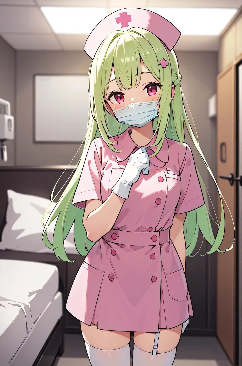 1woman, solo, nurse, white nurse cap, white nurse uniform, ((white legwear, zettai ryouiki)), white gloves, forehead, long hair, green hair, pink eyes, ((white surgical mask, covered nose)), standing, ((hospital room)), sharp outline, short sleeves, mature female, 35 years old, best quality, masterpiece