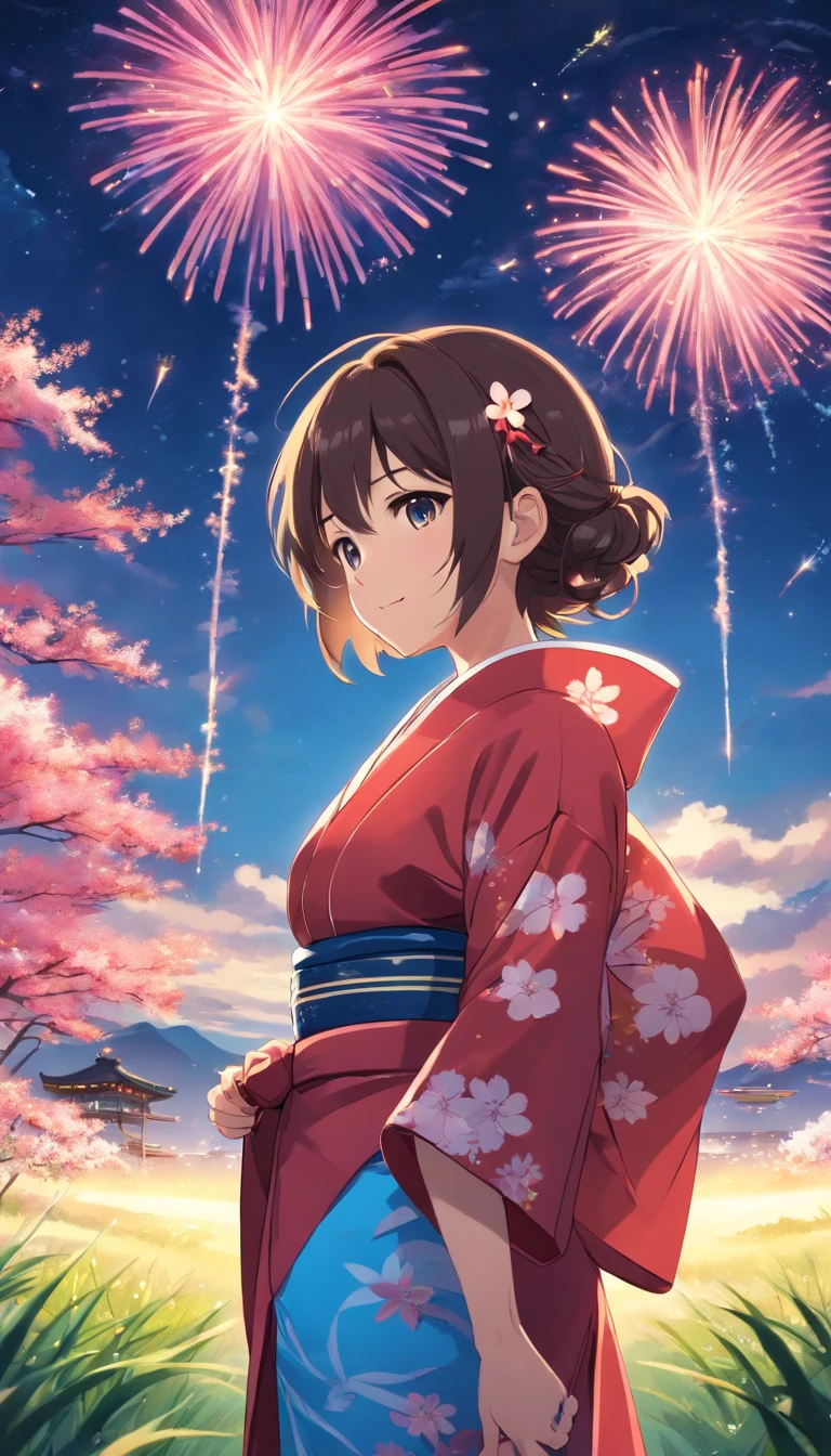 110207, A girl in a kimono is gazing from afar,(Zoom out:1.5),(meteor:1.2)、(comet:1.1,yourname、Low Angle、From behind、Alola、Multiple shooting stars、yukata, red kimono, cherry blossoms、Standing in the field、highest quality、masterpiece、cloud、colorful、Starry Sky、firework、smile