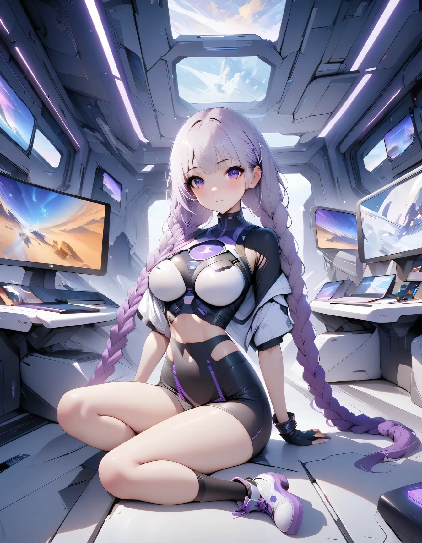 (Maximum resolution, clearly_image), best quality, masterpiece, Very detailed, interior of spaceship. You can see the scenery of an alien planet through the window, A girl, yinji, purple hair, purple eyes, long hair, white hair, double braids, gradient hair, The entire space is filled with workstations with electronic devices and screens,