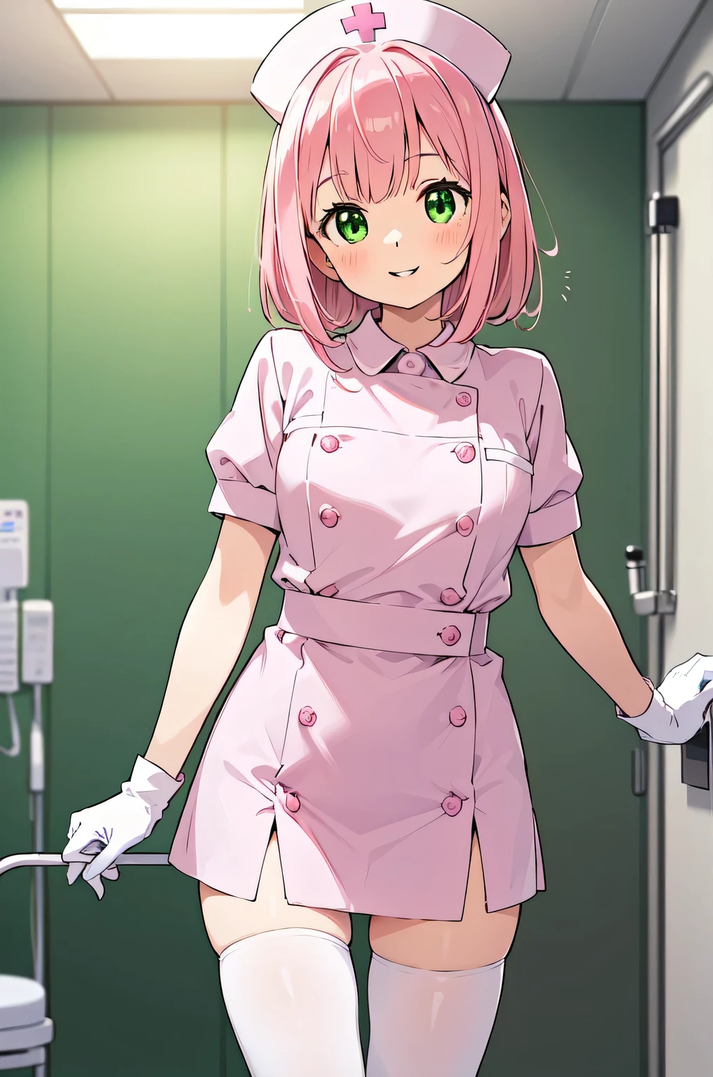 1woman, solo, nurse, white nurse cap, white nurse uniform, ((white legwear, zettai ryouiki)), white gloves, pink hair, green eyes, drooping eyes, pink lips, smile, standing, ((hospital room)), sharp outline, short sleeves, mature female, 32 years old, best quality, masterpiece