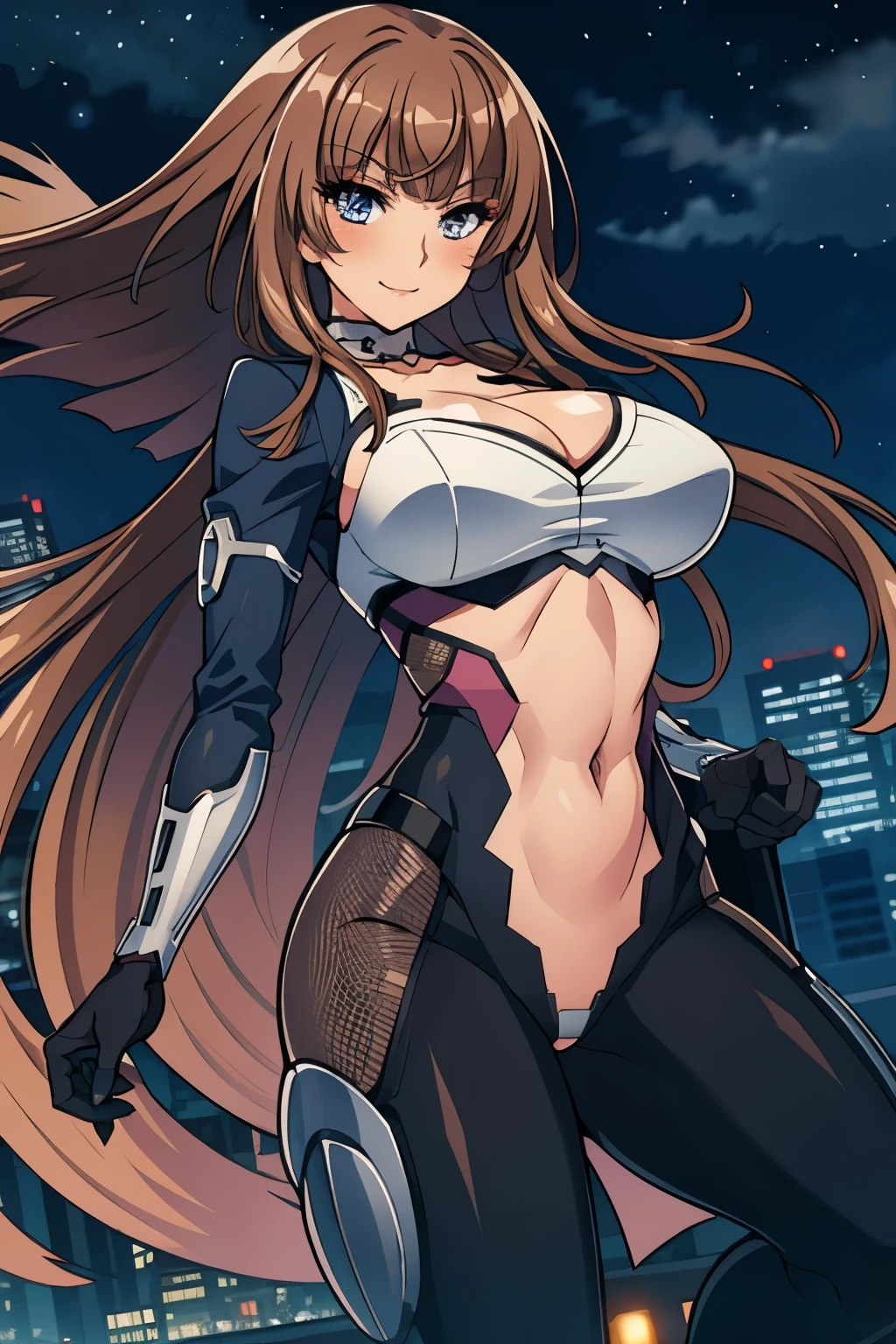 1woman, Kokawa_Asuka, brown_hair, blunt_bangs, medium breasts, blush, lipstick, fur trim, mature female, gloves, fur-trimmed coat, outdoors, rooftop, cityscape, building, railing, night, night sky, scenery, city lights,  masterpiece, best quality, highly detailed, cross necklace, bodysuit, unzip zipper, navel cutout, exposed
navel, exposed bellybutton, , cleavage, long sleeves, black gloves, smile, ,, holding a gun, handgun,
pistol, 