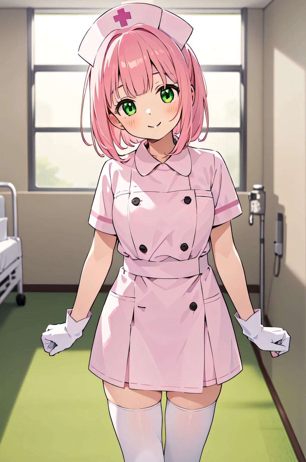 1woman, solo, nurse, white nurse cap, white nurse uniform, ((white legwear, zettai ryouiki)), white gloves, pink hair, green eyes, drooping eyes, pink lips, smile, standing, ((hospital room)), sharp outline, short sleeves, mature female, 32 years old, best quality, masterpiece