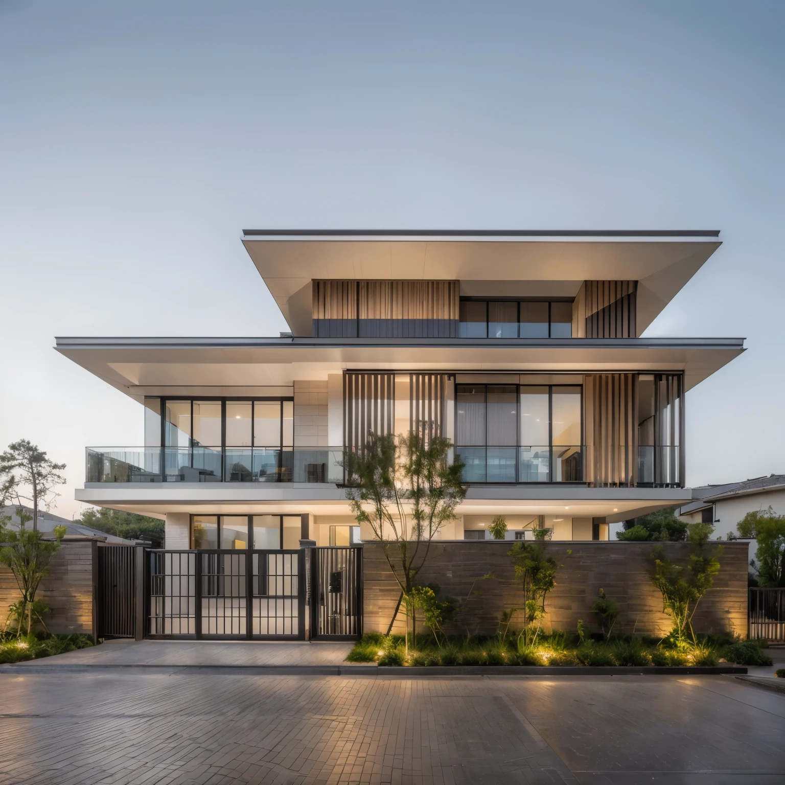 RAW photo, Exterior of two story white modern house, (road:1.3), (sidewalk:1.3), (sidewalk trees:1.3), (residences area:1.4), dawn time, overcast, fog, tropical trees and plants, (high detailed:1.2), 8k uhd, dslr, soft lighting, high quality, film grain, Fujifilm XT3, (sharpen:1.5)