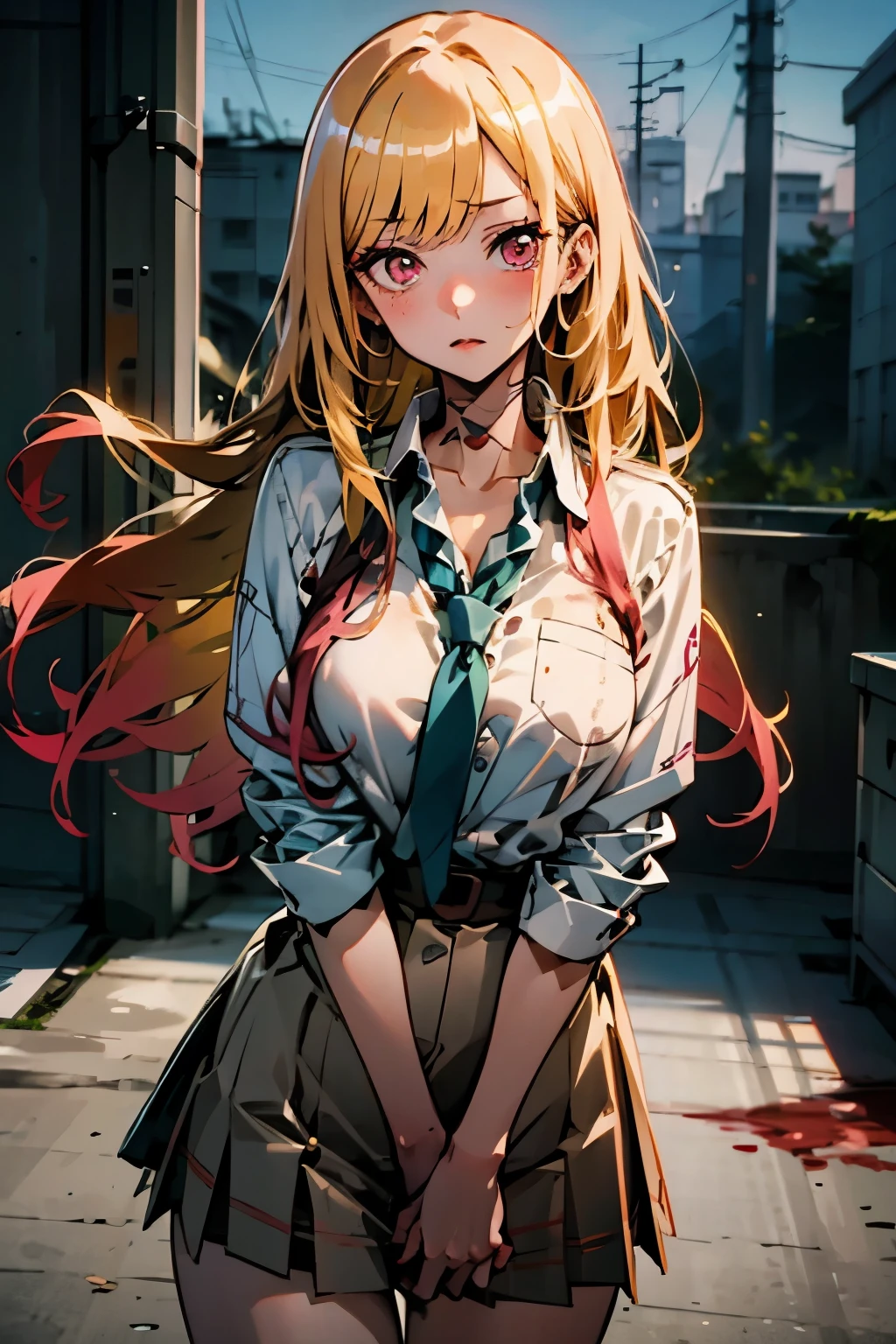 kitagawa marin, 1girl in, blonde hair, length hair, pink eyes, a girl, cool, wearing school uniform, ((big breasts)), tattoos, in an abandoned factory, covered in blood, look at me, (night), dark, mafia.
