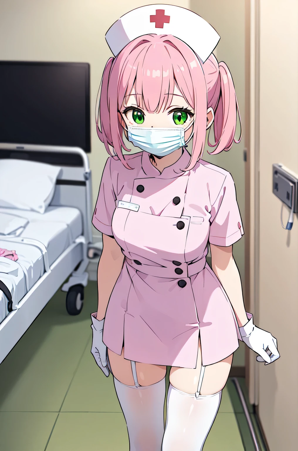 1woman, solo, nurse, white nurse cap, white nurse uniform, ((white legwear, zettai ryouiki)), white gloves, pink hair, green eyes, drooping eyes, ((white surgical mask, covered nose)), standing, ((hospital room)), sharp outline, short sleeves, mature female, 32 years old, best quality, masterpiece