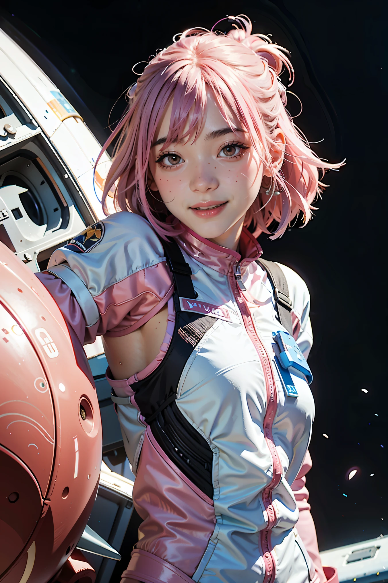 (best quality, masterpiece), 1girl, pose, particle, wind, flower, upper body, simple background, looking at viewer, pink hair, galaxy, space suit, 