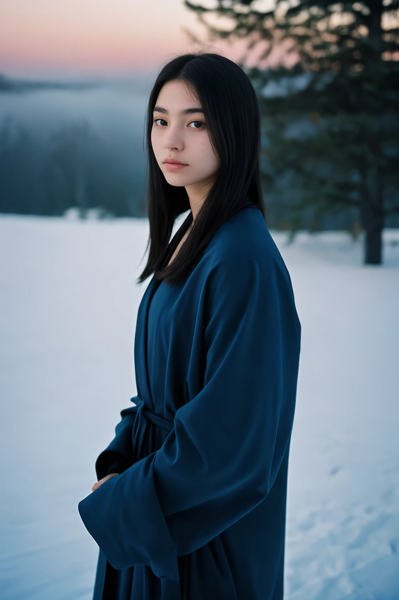 (highly detailed and realistic image), (best angle shot), (natural lighting),
photo of a 19-year-old Asian girl, good shape build, pale skin, a beautiful face with youthful and elegant appearance, long black hair, calm attitude,
she draped her naked body in a ((black)) Renaissance robe, standing at a misty landscape with blue ambience, dead oak tree,
interplay of contrast along with detailed light and shadow, depth of field, dusky and snowy in a far background, 