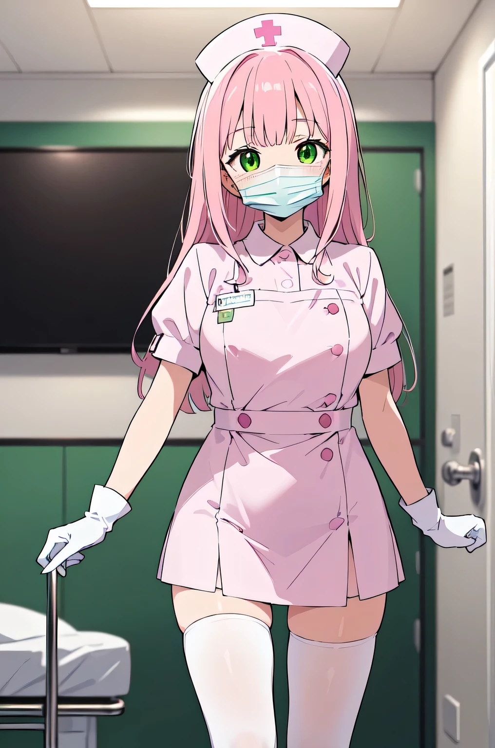 1woman, solo, nurse, white nurse cap, white nurse uniform, ((white legwear, zettai ryouiki)), white gloves, pink hair, green eyes, drooping eyes, ((white surgical mask, covered nose)), standing, ((hospital room)), sharp outline, short sleeves, mature female, 32 years old, best quality, masterpiece
