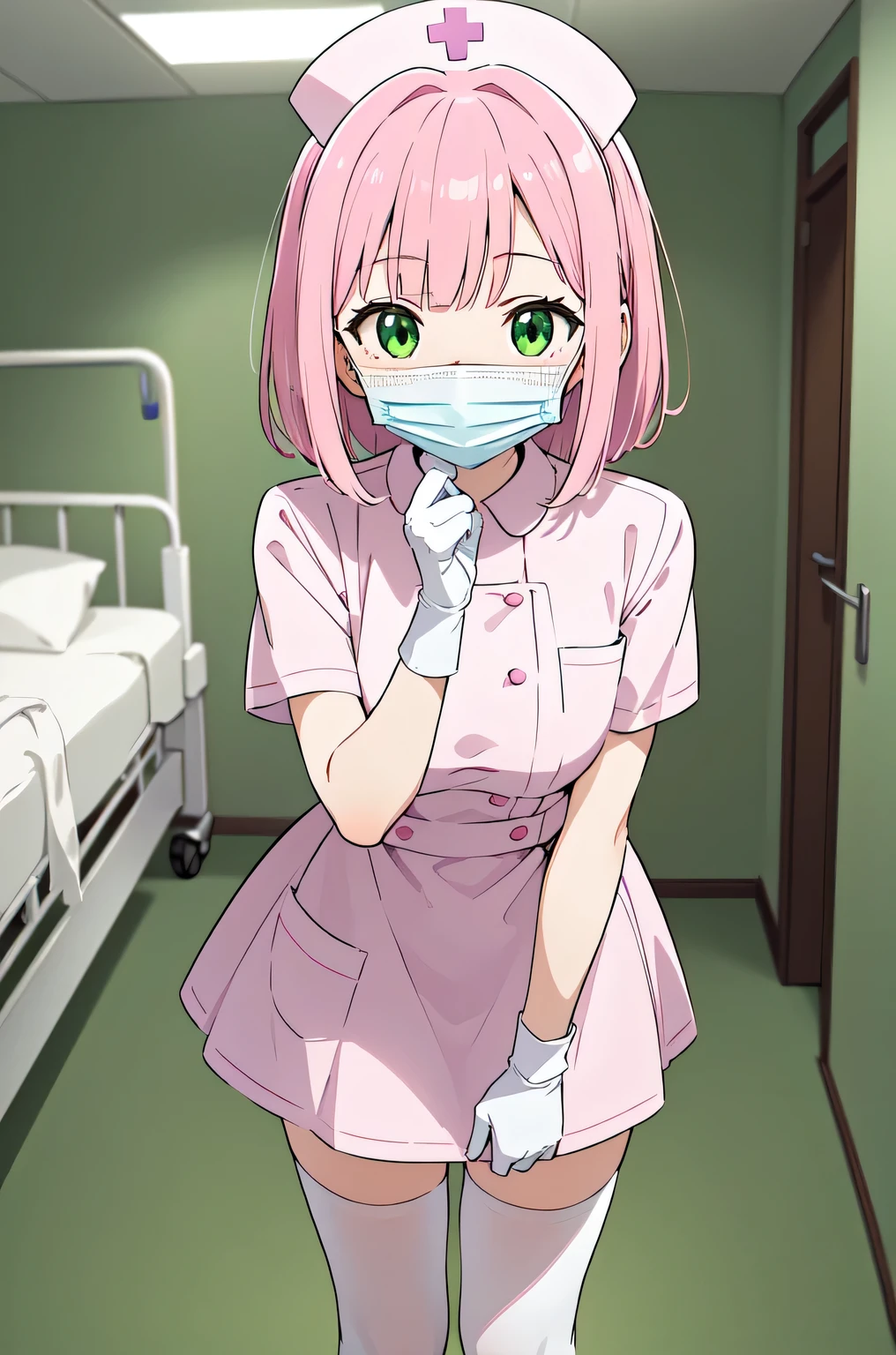 1woman, solo, nurse, white nurse cap, white nurse uniform, ((white legwear, zettai ryouiki)), white gloves, pink hair, green eyes, drooping eyes, ((white surgical mask, covered nose)), standing, ((hospital room)), sharp outline, short sleeves, mature female, 32 years old, best quality, masterpiece