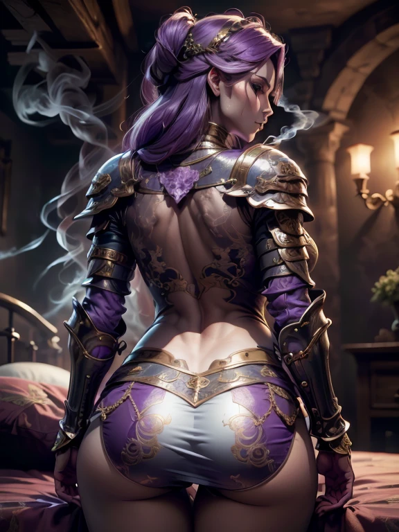 (Masterpiece, Superb Detail, Super Detailed, High Resolution), Male Focus, (((Female Armor))), (She Has Long Purple Hair, Medium , Slim, perfect body, beautiful face), look at viewer, (((purple panty))(smoke))), (((Turn back))), (((Show her butt))), (((kull Bed))), Bed room, Background Details, Solo