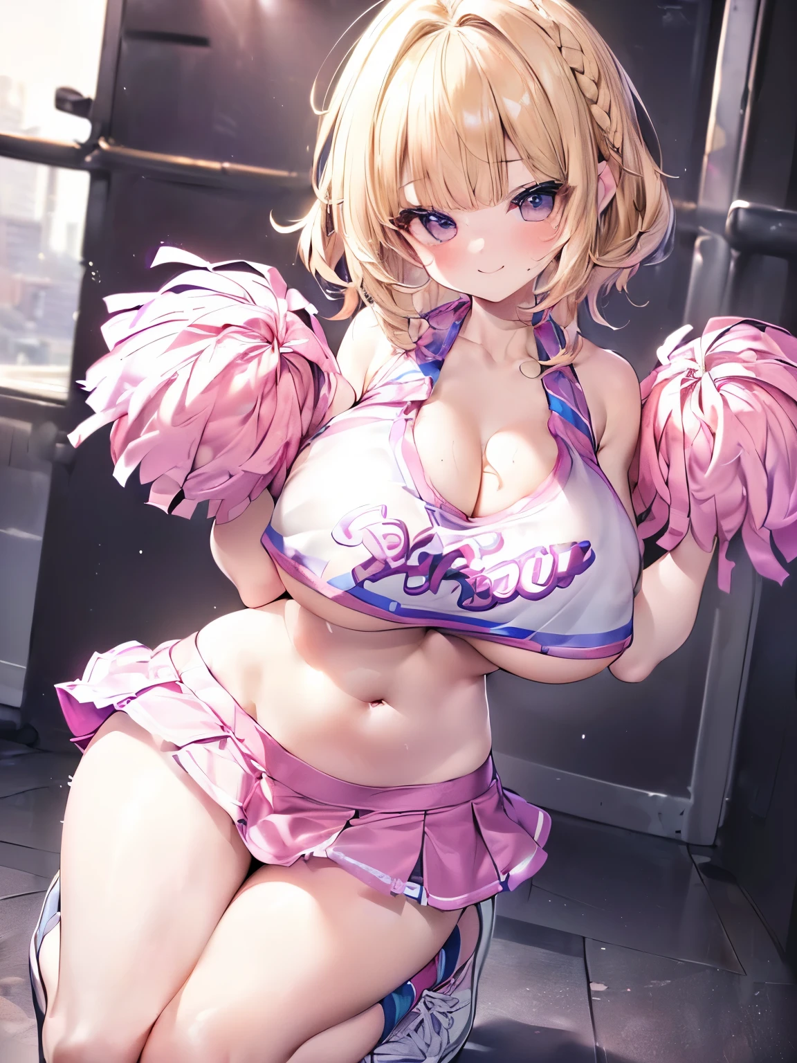 Masterpiece,Best Quality,(Super Detail),Perfect Lighting, Highly detailed CG,Super detailed,(Highly detailed eyes,Very cute face,Highly detailed face:1.3),Beautiful Anime Girl,(Solo Girl),(Super huge boobs:1.9),(Functional,Glamour,sexy:1.9),(Blonde,Medium Short Hair,Braiding,let long hair fall forward:1.5),(Big light blue eyes),(Very happy smile:1.5),break,(Cheerleader Costumes,Cleavage,Open-chested clothing,belly button,Groin,Pink micro mini skirt,Show off your pants:1.5),Stadium,Audience seats,(Jump,Full Body,Raise one hand,Dynamic Pose:1.3)