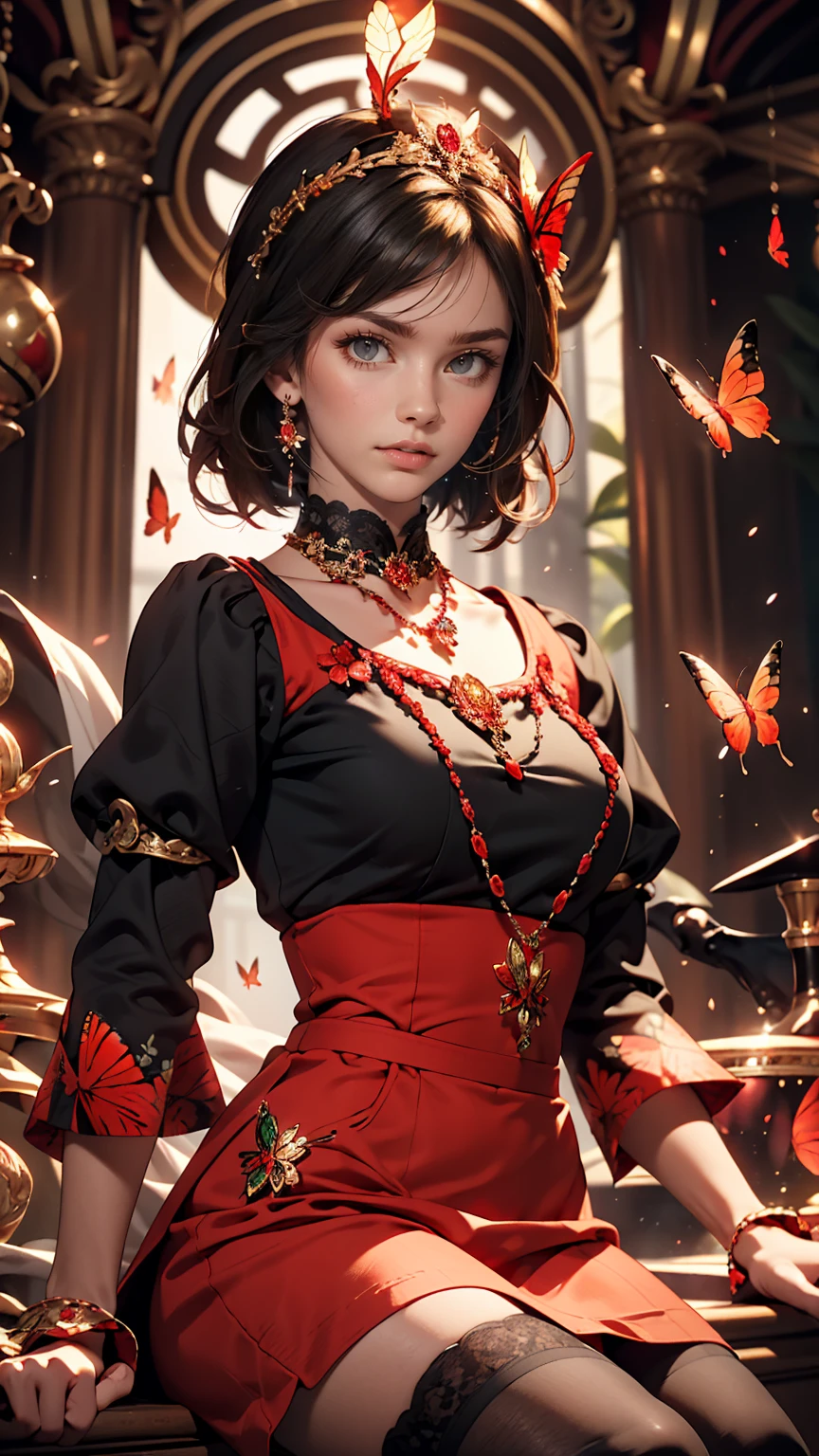 Expressionless,,(Dark fantasy),((Great illustrations)),(Detail Splash), Long black hair, Red pupils, girl, Pure black dress, Collar only, The sleeves and skirt are dark red, A red butterfly barrette is attached to the side of her ear., masterpiece, 最high quality, high quality, Headpiece,, red and black crystal necklace, Black knee socks