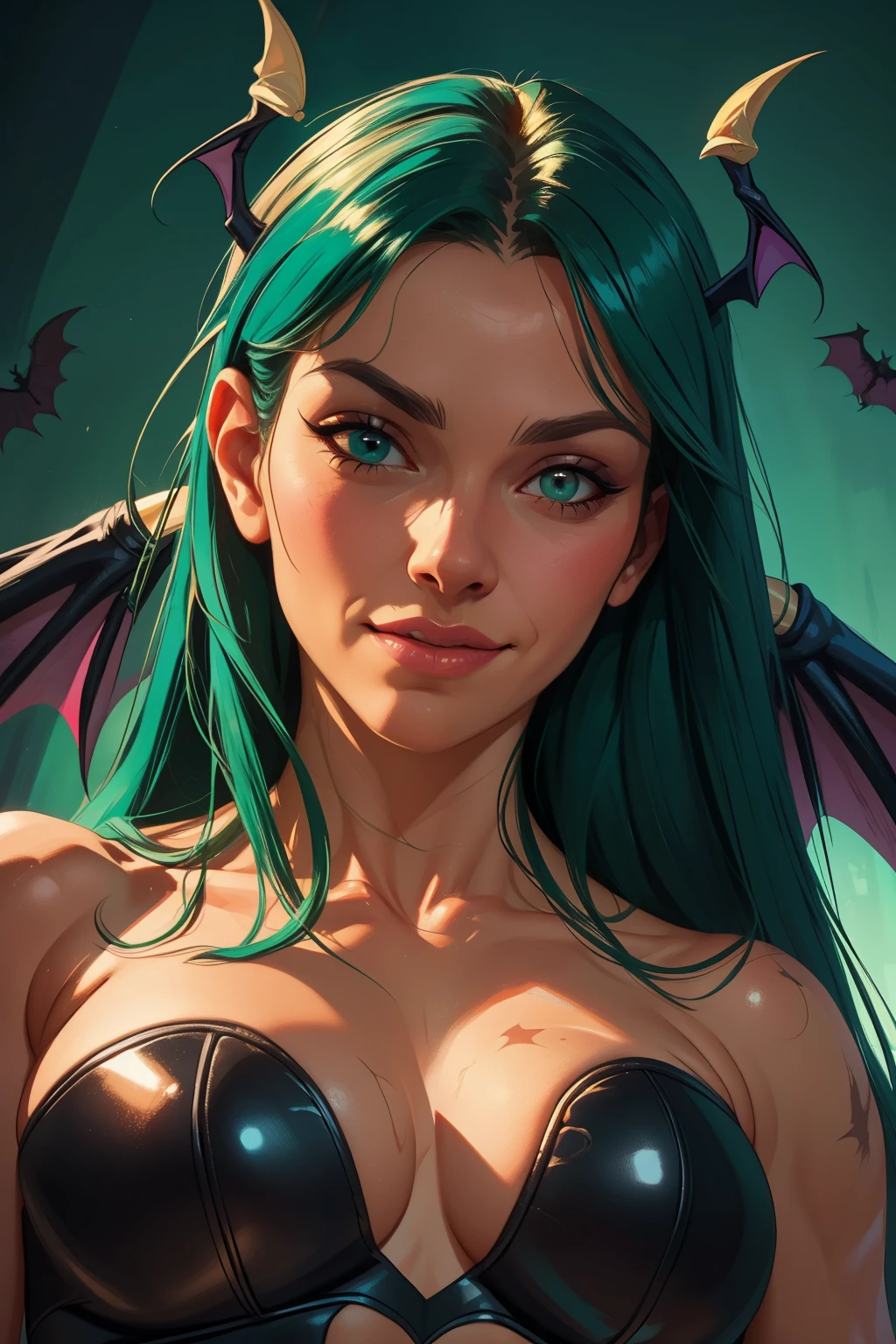 Realistic oil paint portrait of Morrigan Aensland, hot Body, Dynamic sensual pose, soft smile, long green hair, (((Bat wings))) , detailed skin Textures, intricate, detailed face, hyperrealistic, realistic light and shadows , ((cinematic lighting)) . Abstract paint background.