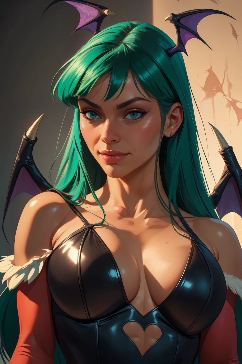 Realistic oil paint portrait of Morrigan Aensland, hot Body, Dynamic sensual pose, soft smile, long green hair, (((Bat wings))) , detailed skin Textures, intricate, detailed face, hyperrealistic, realistic light and shadows , ((cinematic lighting)) . Abstract paint background.