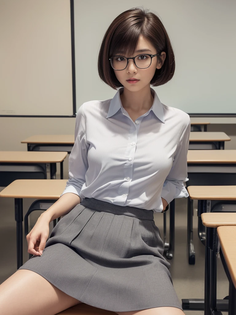 28-year-old Japanese woman,(非常にdetailedな肌)(Beautiful female body)(美しいBig Breasts)(Big Breasts)(Pale skin)(Pointed Chest),(Erect nipples)(Best image quality)(Hyperrealist portrait),(8k),(Ultra-realistic,最high quality, high quality, High resolution)(high quality texture)(Attention to detail)(Beautiful details)(detailed,Extremely detailed CG,detailed Texture)(Realistic facial expressions,masterpiece,in front,dynamic,bold),(((short pixie cut))),(Very thin hair)(Super Straight Hair:1.5)( sleek bangs,Very light coppery amber hair,Hair in one eye) ((Rimless Glasses))(((Place your back on the floor and lift your buttocks)))(((Stop with your crotch facing the ceiling)))(((With the legs spread in an M-shape,)))((((High School Teacher)))(((Light grey collared shirt))) (((black flared skirt)))((((In the classroom))) (((spread your legs wide from side to side))) (((Accentuate the crotch))) (((She is spreading her legs boldly))) (((The lines of the body are clearly visible)))、(((Depiction of beautiful fingers))) (((Beautiful body depiction))) (((Correct posture for handstand)))、(((Full body photo))) (((Correct ankle orientation)))(((The correct number of legs))) (((Accurate Body Composition))) (((正確な斜め上からのFull body photo)))(((Exact number of hands)))