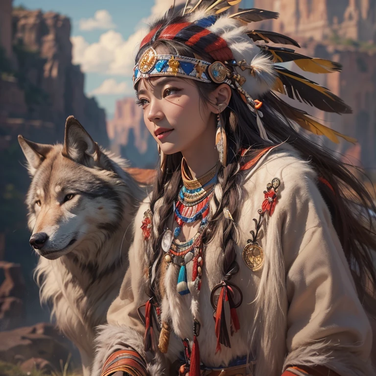 At the Grand Canyon、Hair flow、 ((highest quality、masterpiece、8k、Best image quality、Ultra-high resolution、Award-winning works)、(Accurate anatomy:1.1)、(Look at me and smile:1.1)、Shining fair skin with Ultra-high resolution、The most detailed face、Ultra-high resolution detailed face、Ultra-high resolutionの髪の毛、(Ultra-high resolutionの煌めく瞳:1.1)、Beautiful face drawn in every detail、(Blurred Background:1.1)、Native American Costume, American Indian Clothing, Chest to chest, tattoo、A real giant condor next to you。The wolf is watching