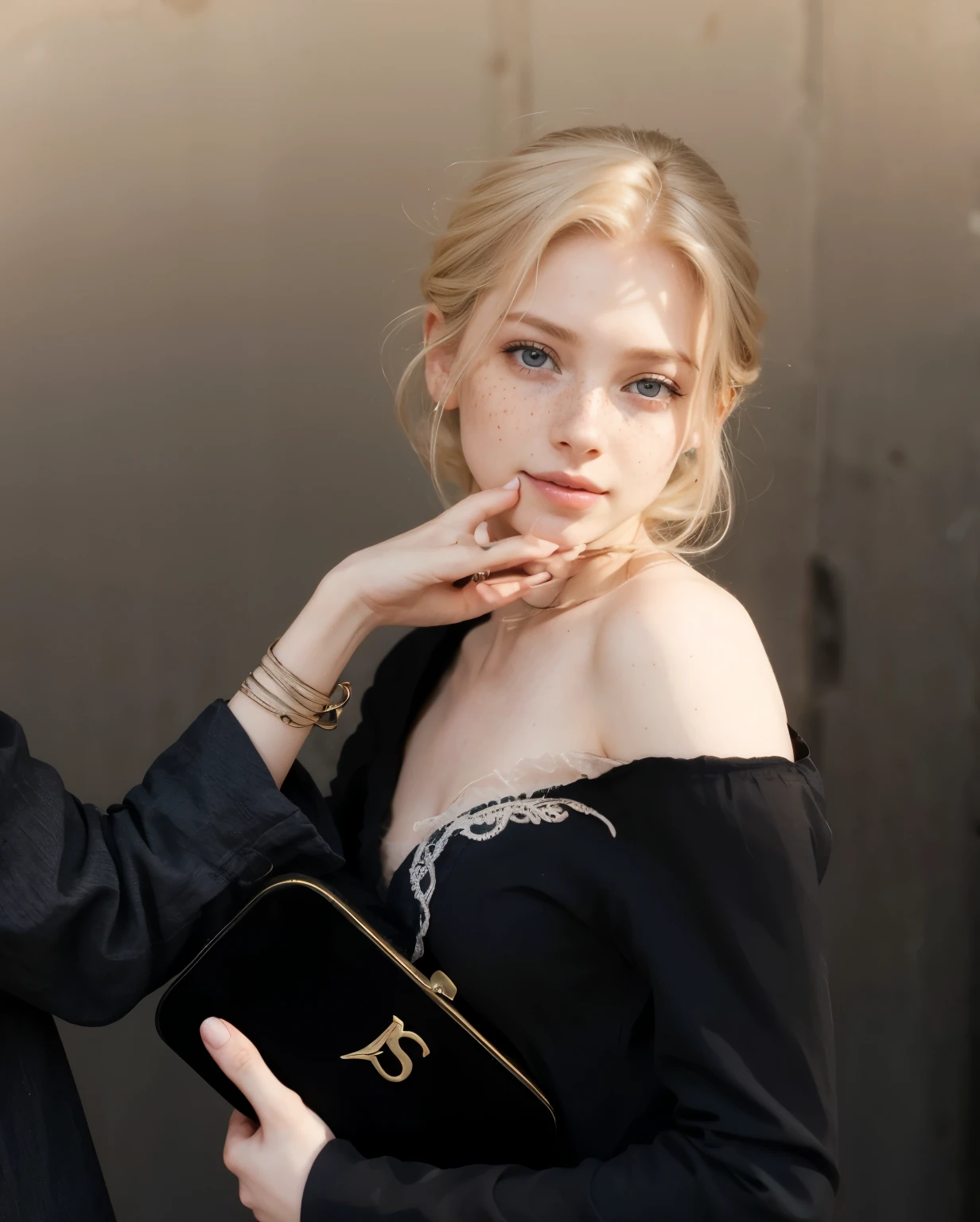 mulher, americana, 25 anos, pale skin and freckles, olhos cinzas, nariz delicado, soft and delicate lips, longo, cabelo blondie longo e ondulado na altura da cintura, sorriso meigo, face with delicate feminine facial features, altamente renderizado
