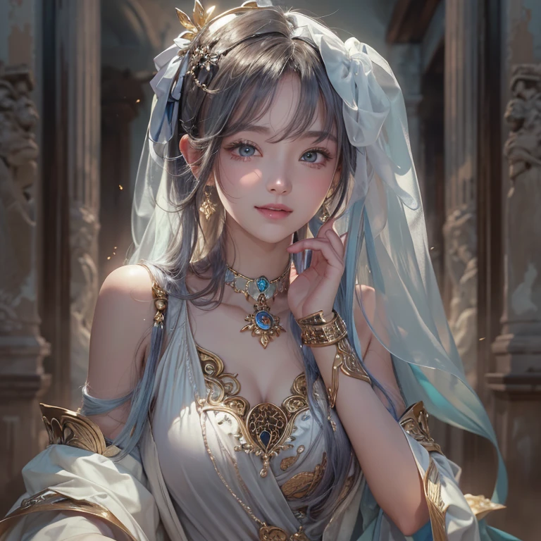 Hiding in the tomb、Hair flow、 ((highest quality、masterpiece、8k、Best image quality、Ultra-high resolution、Award-winning works)、(Accurate anatomy:1.1)、(Look at me and smile:1.1)、Shining fair skin with Ultra-high resolution、The most detailed face、Ultra-high resolution detailed face、Ultra-high resolutionの髪の毛、(Ultra-high resolutionの煌めく瞳:1.1)、Beautiful face drawn in every detail、Ancient Greek Clothing, Chest to chest, tattoo, Old ruins in the background、Ghosts around her