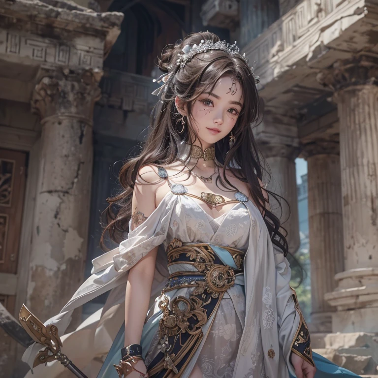 Hiding in the tomb、Hair flow、 ((highest quality、masterpiece、8k、Best image quality、Ultra-high resolution、Award-winning works)、(Accurate anatomy:1.1)、(Look at me and smile:1.1)、Shining fair skin with Ultra-high resolution、The most detailed face、Ultra-high resolution detailed face、Ultra-high resolutionの髪の毛、(Ultra-high resolutionの煌めく瞳:1.1)、Beautiful face drawn in every detail、Ancient Greek Clothing, Chest to chest, tattoo, Old ruins in the background、Ghosts around her