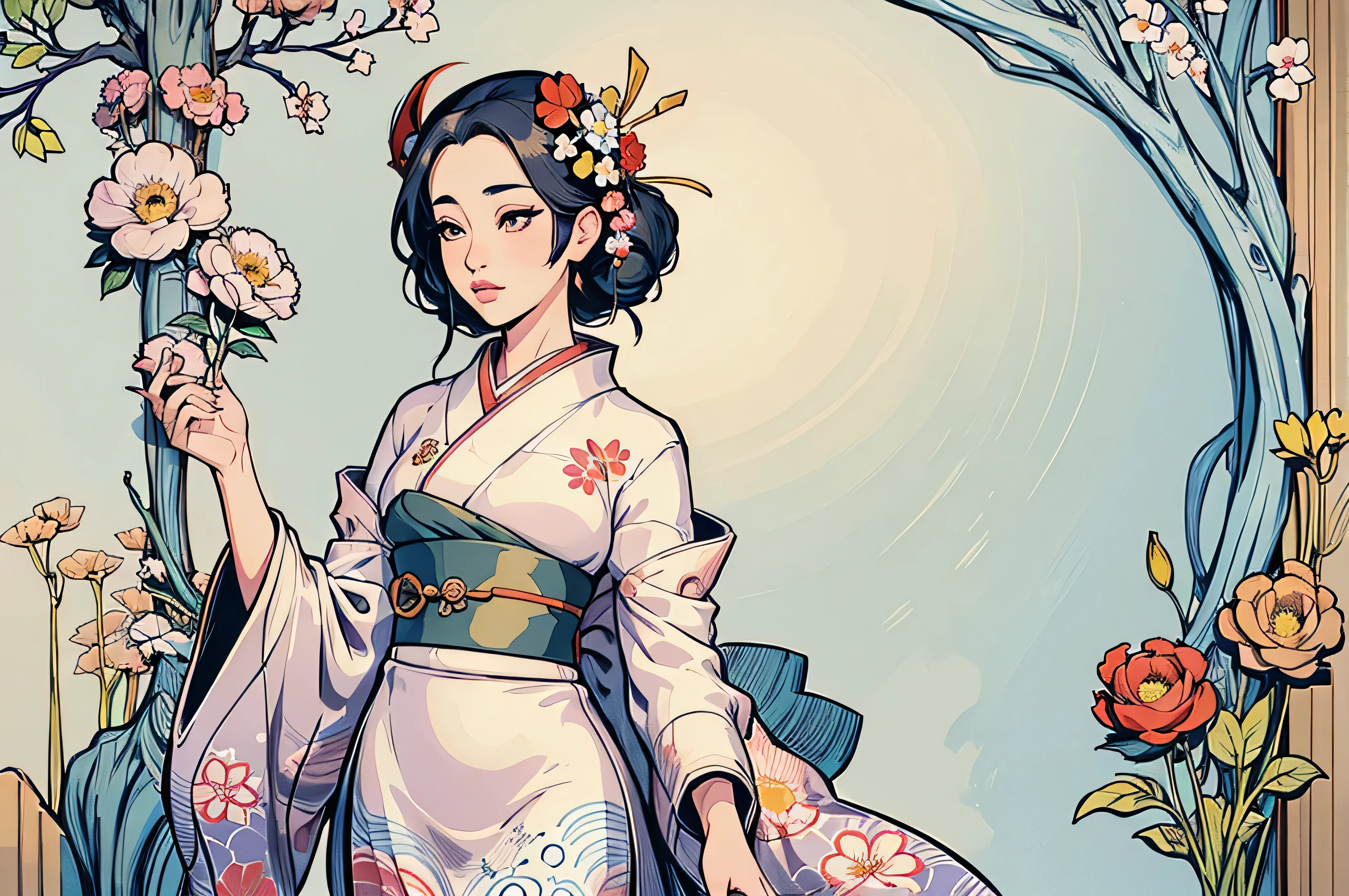 there is a woman em um quimono dress standing in front of a floral background, no ukiyo art style - e, Estilo de arte japonesa, inspirado em Ito Shinsui, inspirado em Nishikawa Sukenobu, de quimono, em um quimono, estilo ukiyoe, elegante mulher japonesa, japanese illustrator, Japanese related to flowers, a beautiful art illustration