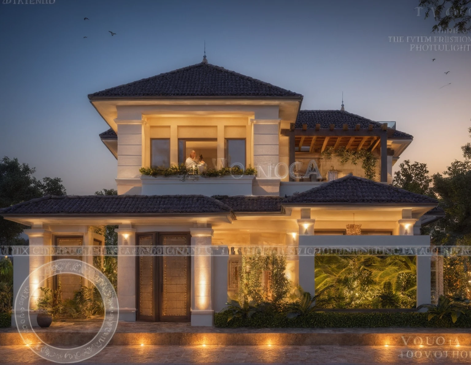 When design a MEDITERRANEAN EXTERIOR house, exterior design, (dark blue roof:1.1), (roof tile:1.2), (|Dark sky background| at night) (MEDITERRANEAN style:1.1), |brick wall|, ((Iron with artistic patterns detail:1.3) designed to make railings, windows),(xingfa door), (curved arch:1.35), (white wall), (nigh light:1.3), (night view:1.3),designed to make gates, railings, windows), The house bathed in natural nightlight and has warm LED lighting. Super sharp like photos taken with a professional camera, color block wall detail, (|color block materials| in MEDITERRANEAN house), white color block MEDITERRANEAN house (((volumetric light))), (outdoor ceiling spotlight:1.2), (Exterior night reverse lights:1.2), (| MEDITERRANEAN cornice|), The focal point of the room the warm LED light with a color temperature of 3600k,|reverse lights| illuminate the columns around the house, night, 8k uhd, dslr, soft lighting, high quality, film grain, Fujifilm XT3 day, 8k uhd, dslr, soft lighting, high quality, film grain, Fujifilm XT3, The ambient lighting highlights the textures and details, creating a stock photo-like atmosphere, (((Best Quality))), ((Masterpiece)), ((best illustration)), ((best shadows)), ((Super Detail)), (Intricate lines), (Photorealism),(hyper detail), ((archdaily)), ((award winning design)), (dynamic light), ((day)), (perfect light), (shimering light), (hidden light), ((photorealistic)), ((FKAA, TXAA, RTX, SSAO)), ((Post Processing)), ((Post-Production)), ((CGI, VFX, SFX)), ((Full color)) ,((Unreal Engine 5)), ((intricate detail)), ((extreme detail)), ((science)), ((hyper-detail)), ((super detail)), ((super realistic)), ((crazy detail)), ((octane render)), ((Cinematic)), ((trending on artstation)), ((High-fidelity)), ((Viwvid)), ((Crisp)), ((Bright)), ((Stunning)), ((Eye-catching)), ((High-quality)),((Sharp))((Bright)), ((Stunning)), Natural, ((Eye-catching)), ((Illuminating)), ((Flawless)), ((High-quality)),((Sharp edge render)), ((medium soft lighting)),