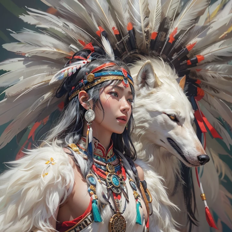 Shirakami-Sanchi、Hair flow、 ((highest quality、masterpiece、8k、Best image quality、Ultra-high resolution、Award-winning works)、(Accurate anatomy:1.1)、(Look at me and smile:1.1)、Shining fair skin with Ultra-high resolution、The most detailed face、Ultra-high resolution detailed face、Ultra-high resolutionの髪の毛、(Ultra-high resolutionの煌めく瞳:1.1)、Beautiful face drawn in every detail、(Blurred Background:1.1)、Native American white costume, American Indian Clothing, Chest to chest, tattoo、A real giant condor next to you。Observe the white wolf