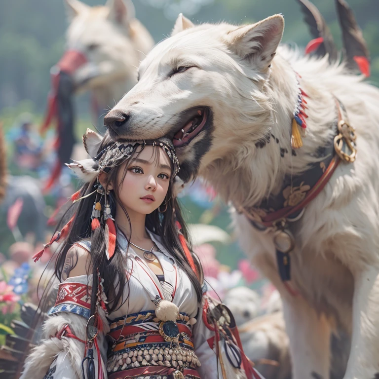 Shirakami-Sanchi、Hair flow、 ((highest quality、masterpiece、8k、Best image quality、Ultra-high resolution、Award-winning works)、(Accurate anatomy:1.1)、(Look at me and smile:1.1)、Shining fair skin with Ultra-high resolution、The most detailed face、Ultra-high resolution detailed face、Ultra-high resolutionの髪の毛、(Ultra-high resolutionの煌めく瞳:1.1)、Beautiful face drawn in every detail、(Blurred Background:1.1)、Native American white costume, American Indian Clothing, Chest to chest, tattoo、A real giant condor next to you。Observe the white wolf