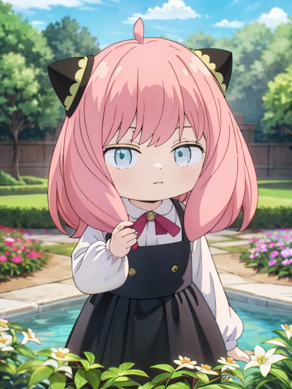 masterpiece, highest quality, Very detailed, 16k, Ultra-high resolution, Cowboy Shot, Detailed face, Perfect Fingers, Garden of the mansion, Black maid outfit, AnyaForgerSF, 1female_child, pink hair, cone hair bun, thinking