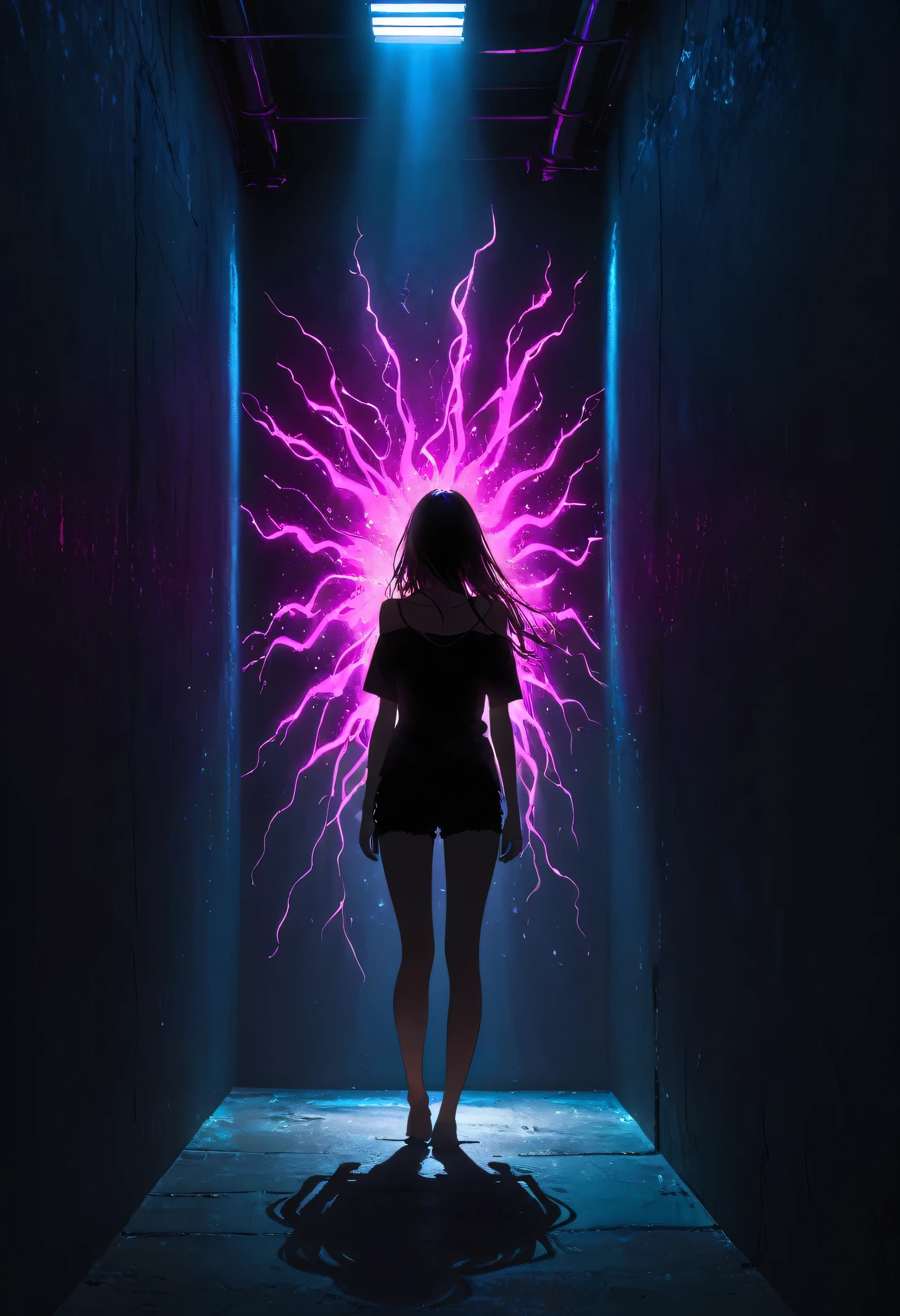 (Front perspective:1.5), Outdoor, Fluorescent lighting, (Shrouded in darkness, Wall Background, Black background, Shadow, Extreme darkness:2.0), Minimalist graffiti style background, Fluorescent pink graffiti, Dark atmosphere, One girl, Oversized black t-shirt, Middle chest, Super Short T-Shirt, Underbust, Blurred Background, Blurred foreground, Pink fluorescent hair, Fluorescent pink eyes, Bare shoulders, Please raise your hand and touch your head, Kneel on the ground, Incredibly long hair, Messy Hair, Low-rise denim shorts, silhouette, Cowboy Shot, Surrealism, perspective, Cowboy Shot, throw, Ultra-high resolution, Anatomically correct, Super detailed, highest quality, 16k, masterpiece