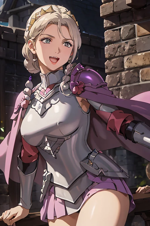 masterpiece, highest quality, Adult women,Very detailed,Rin々Nice face,Open Mouth Smile,White, pink, and purple adventurer uniform,Medieval Europe,Show your armpits,Black eyes,The dignity of a hero,,Small hair ornament,tattoo,Cape,Legs visible through the skirt,Natural Beauty,Cinematic,Large Breasts,Wearing armor,Decorative armor,