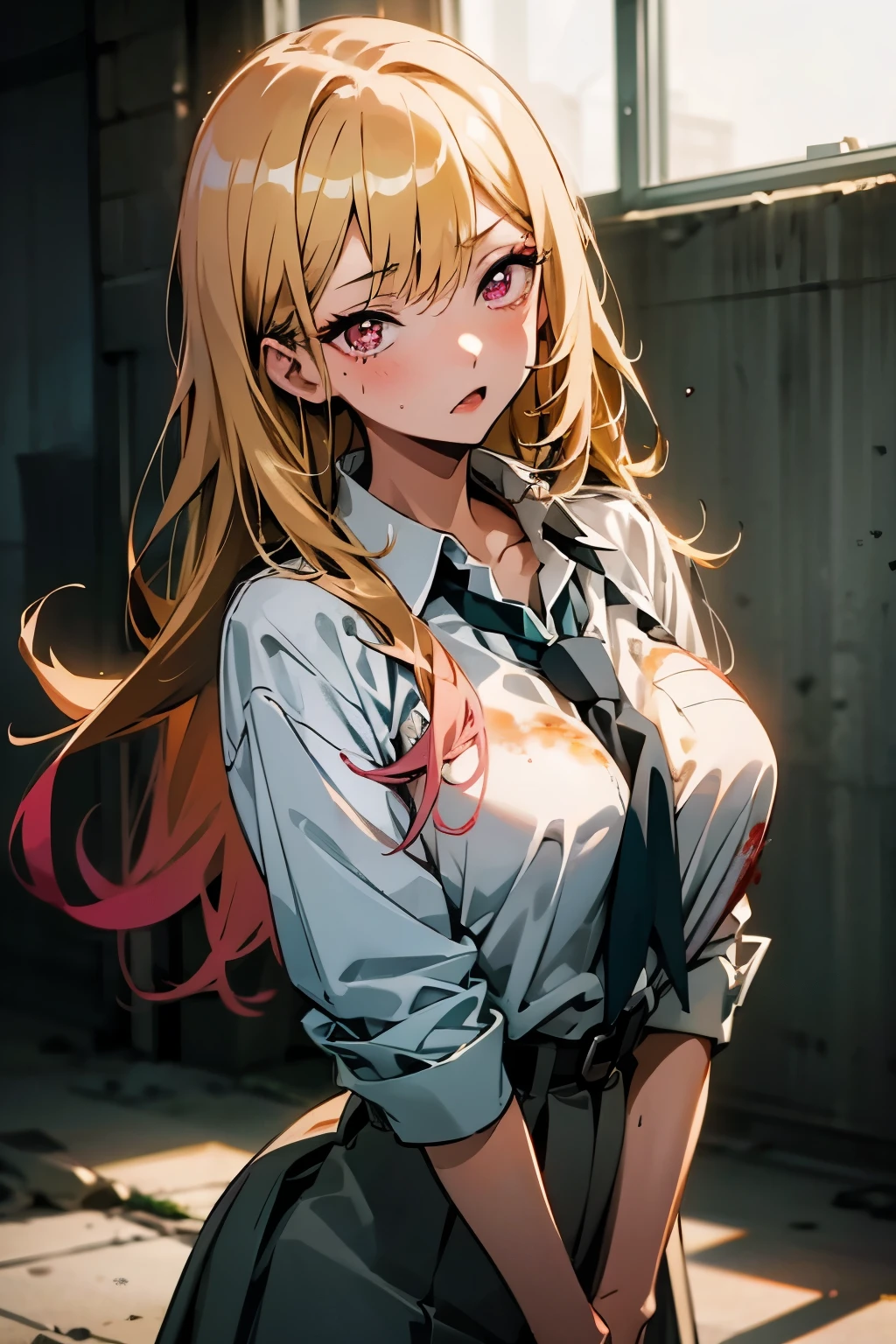kitagawa marin, 1girl in, blonde hair, length hair, pink eyes, a girl, cool, wearing school uniform, ((big breasts)), tattoos, in an abandoned factory, covered in blood, look at me, (night), dark, mafia.