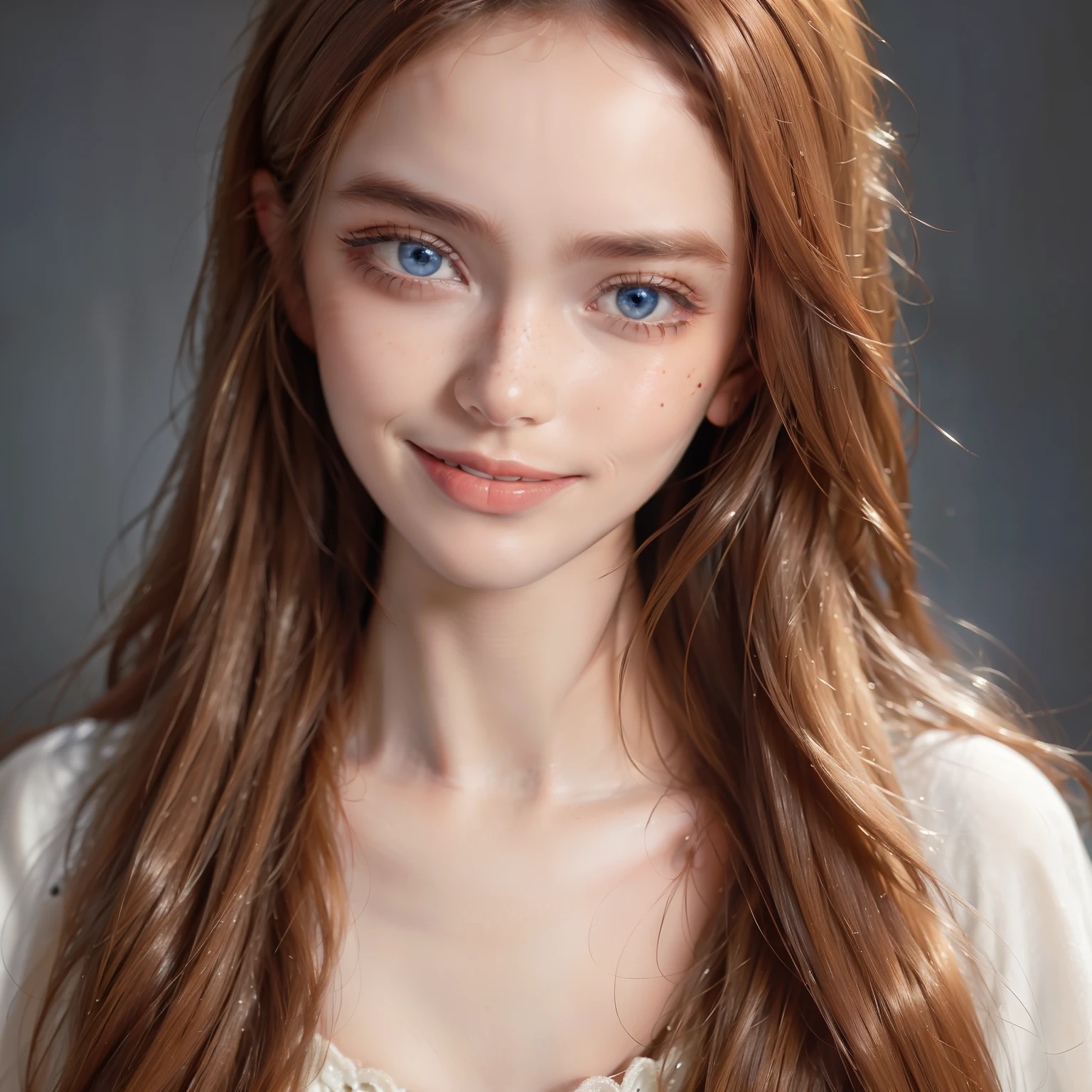 masterpiece, oil painting, high detailed, beautiful girl, orange long straight hair, freckles, blue eyes, big smile,