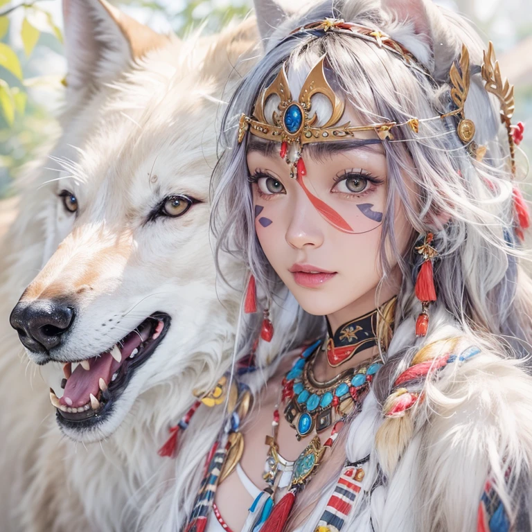 Shirakami-Sanchi、Hair flow、 ((highest quality、masterpiece、8k、Best image quality、Ultra-high resolution、Award-winning works)、(Accurate anatomy:1.1)、(Look at me and smile:1.1)、Shining fair skin with Ultra-high resolution、The most detailed face、Ultra-high resolution detailed face、Ultra-high resolutionの髪の毛、(Ultra-high resolutionの煌めく瞳:1.1)、Beautiful face drawn in every detail、(Blurred Background:1.1)、Native American white costume, American Indian Clothing, Chest to chest, tattoo、A real giant condor next to you。Observing a white wolf
