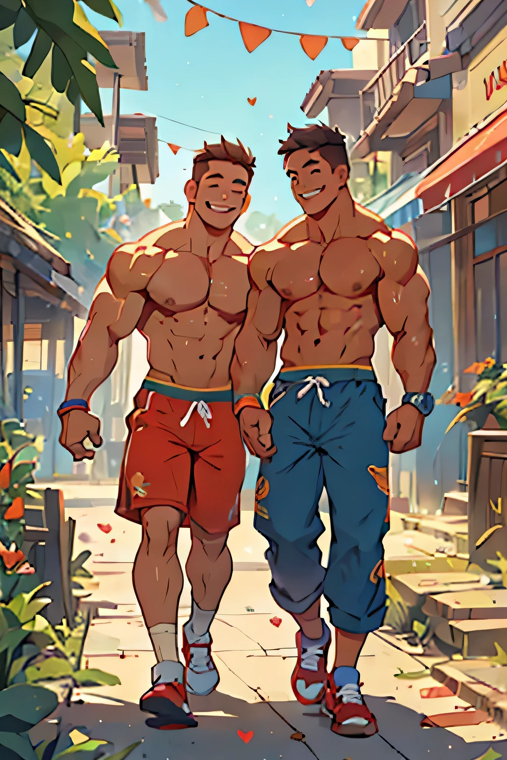 2 guys, dating, shirtless,  outside, parade, happy, smile, rainbow, 