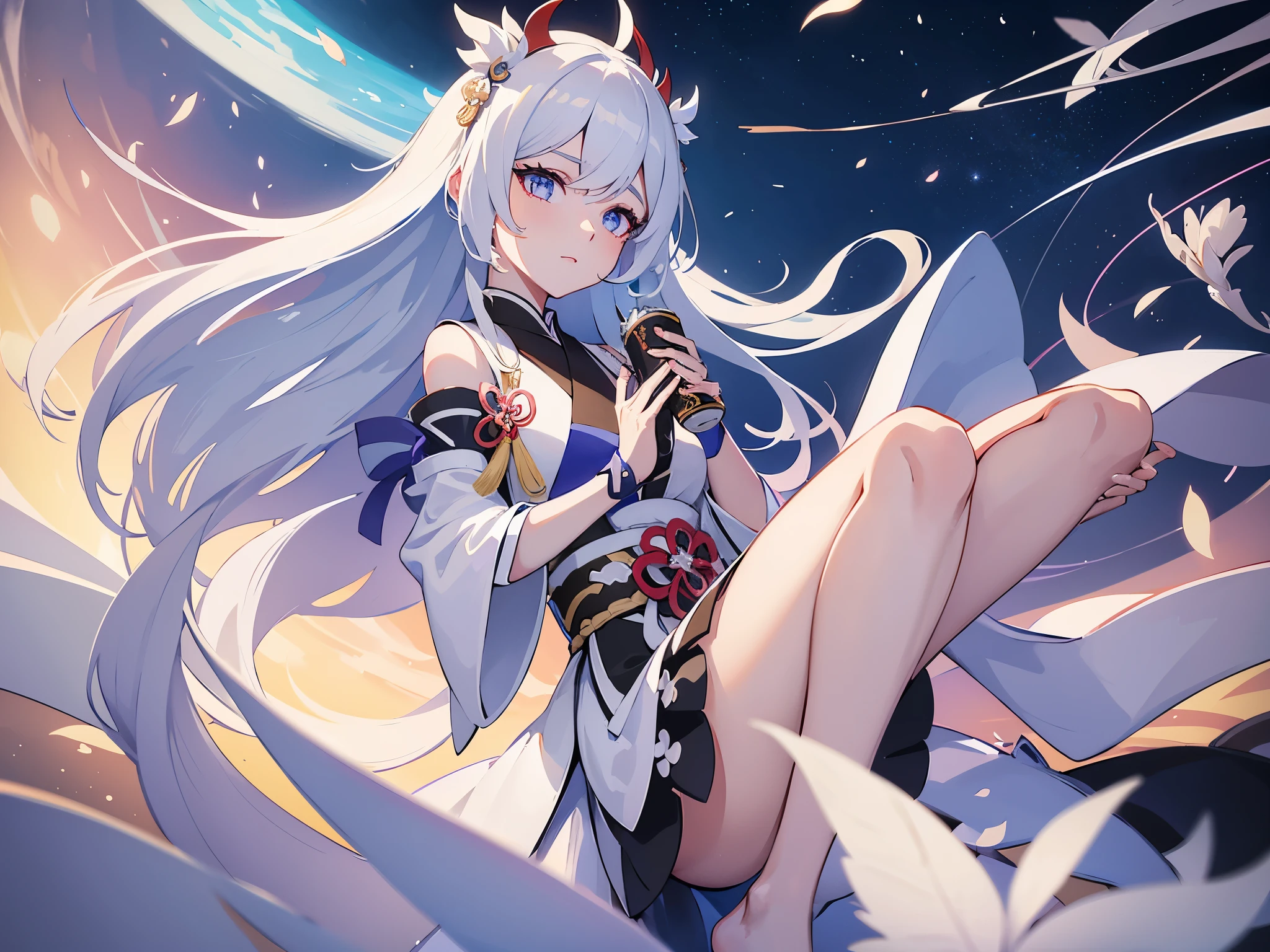 a woman with white hair and a white dress is flying in the sky, keqing from genshin impact, trending on artstation pixiv, onmyoji detailed art, genshin, beautiful celestial mage, genshin impact character, by Yang J, trending on cgstation, guweiz on pixiv artstation, zhongli from genshin impact